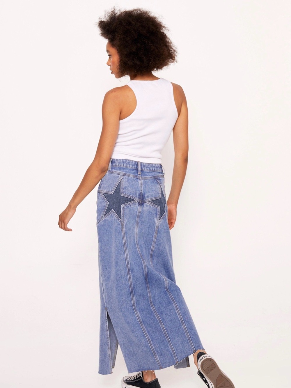 Nasty Gal Blue Denim Maxi Skirt with Star Back Pockets